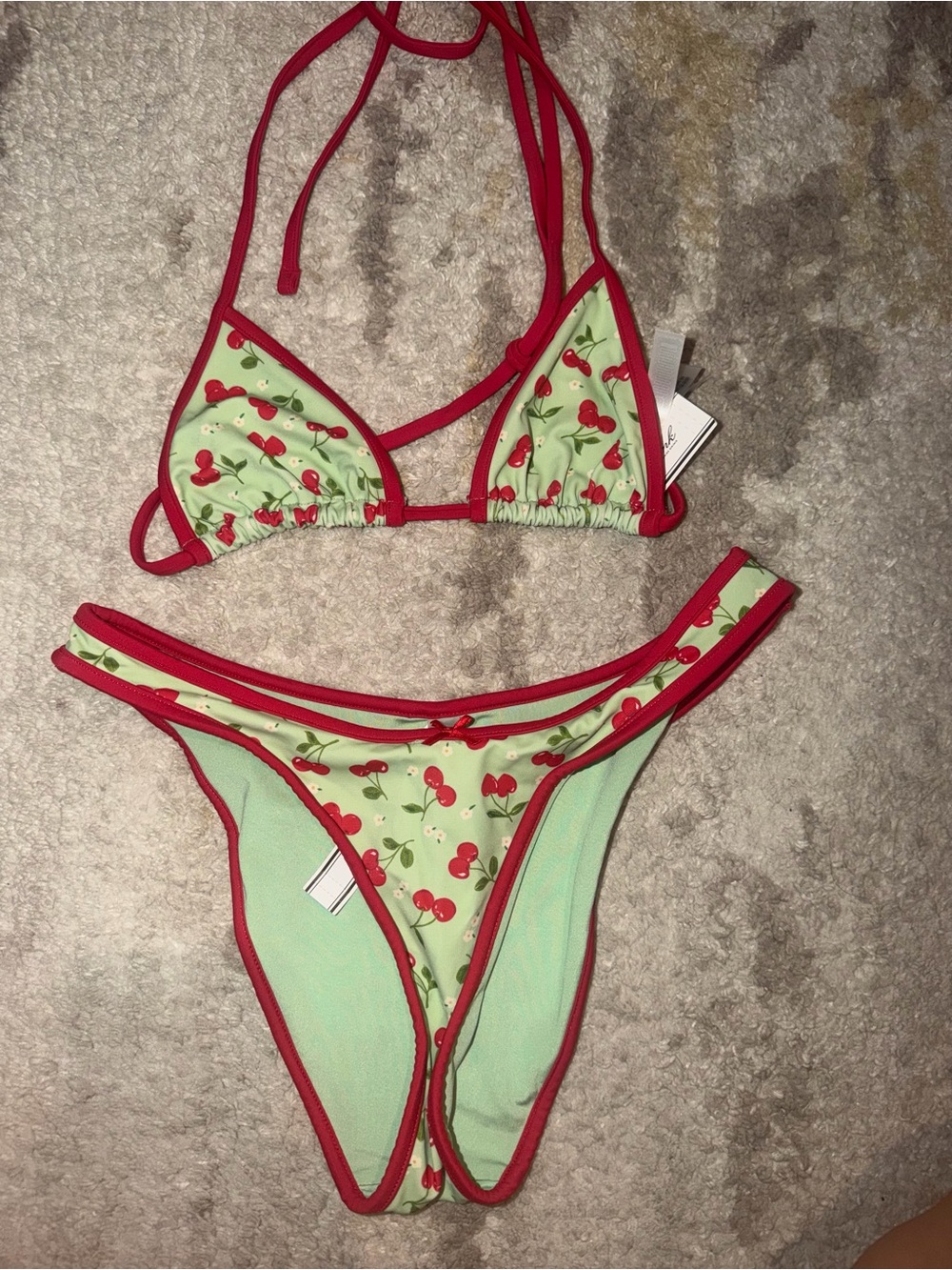 Victoria's Secret Cherry Print Bikini in Light Green with Red Trim